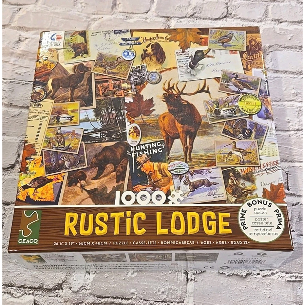 RUSTIC LODGE Hunting & Fishing Collage 1000 Piece Puzzle New-Sealed (103)